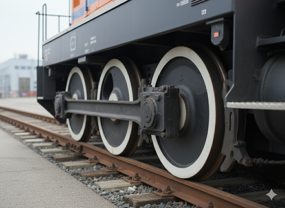 close up picture of 3-axis wheels on track